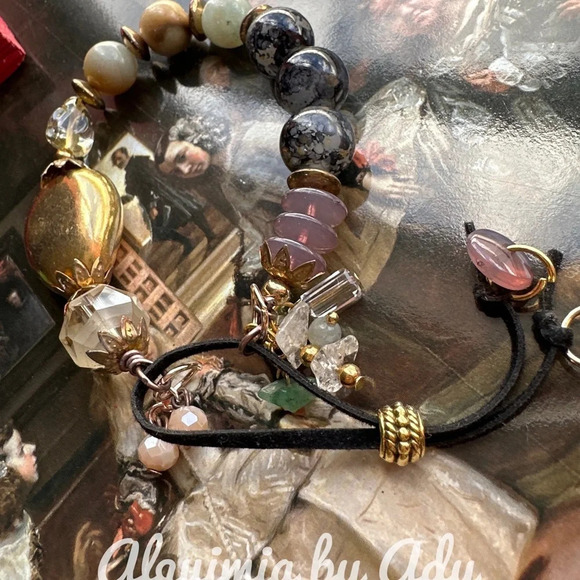 Rainbow Amazonite leather rope wrap adjustable cowgirl bracelet maximalist cuff - Picture 3 of 7